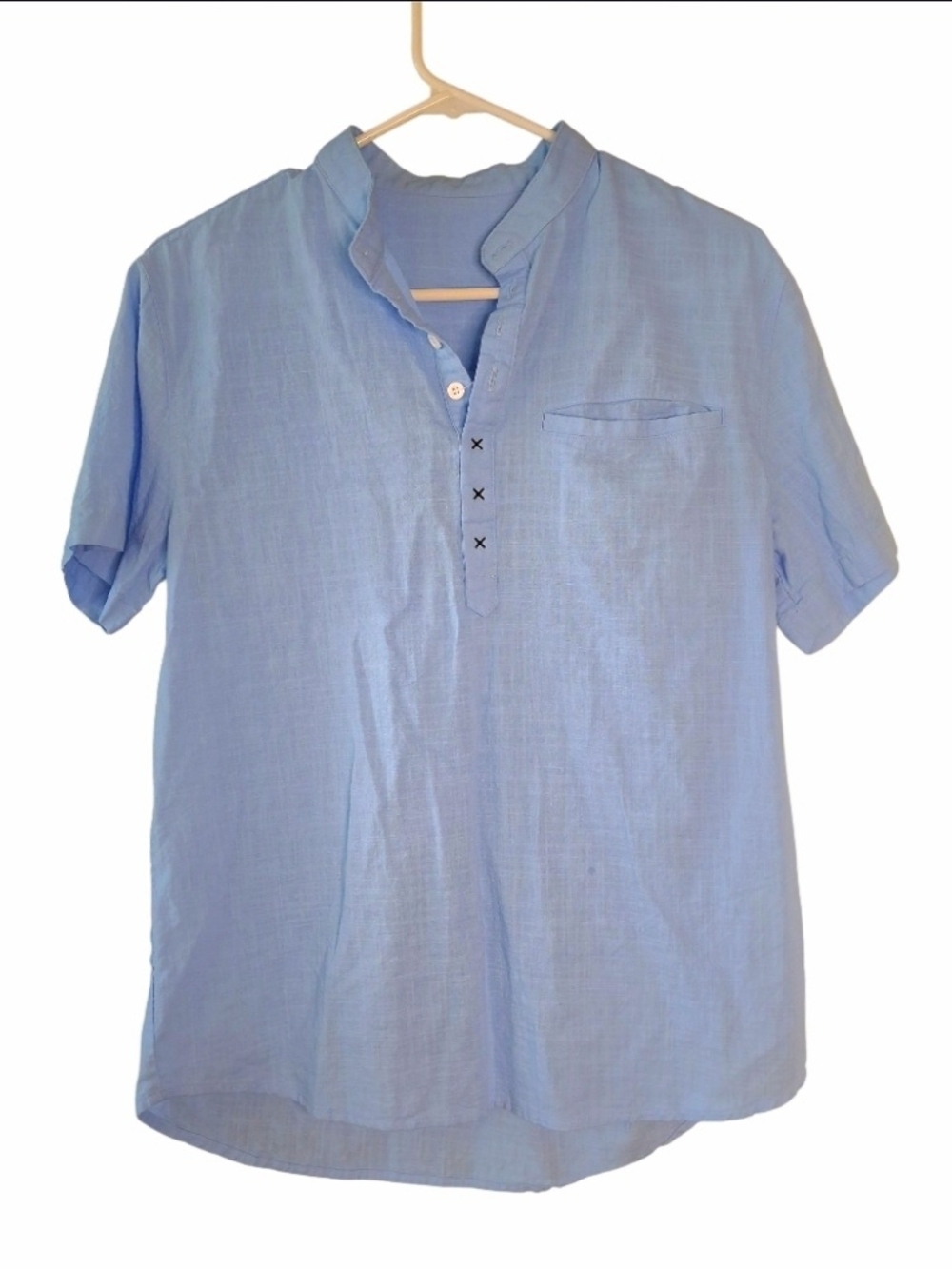 Light Blue Women's Short-Sleeve Cotton Linen Blend Shirt - Casual Henley Style